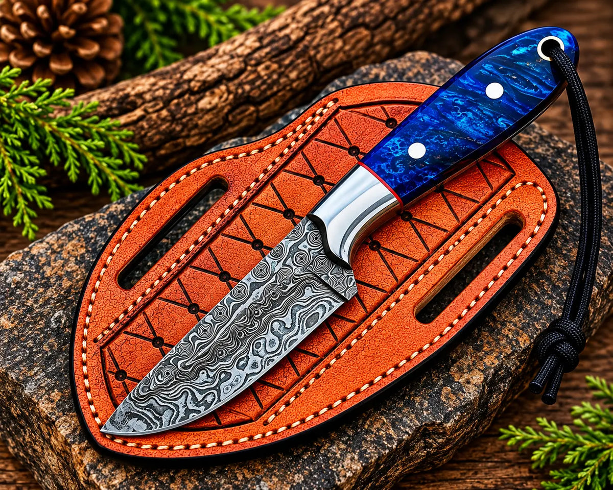 Raindrop Damascus pattern close-up on skinner knife blade