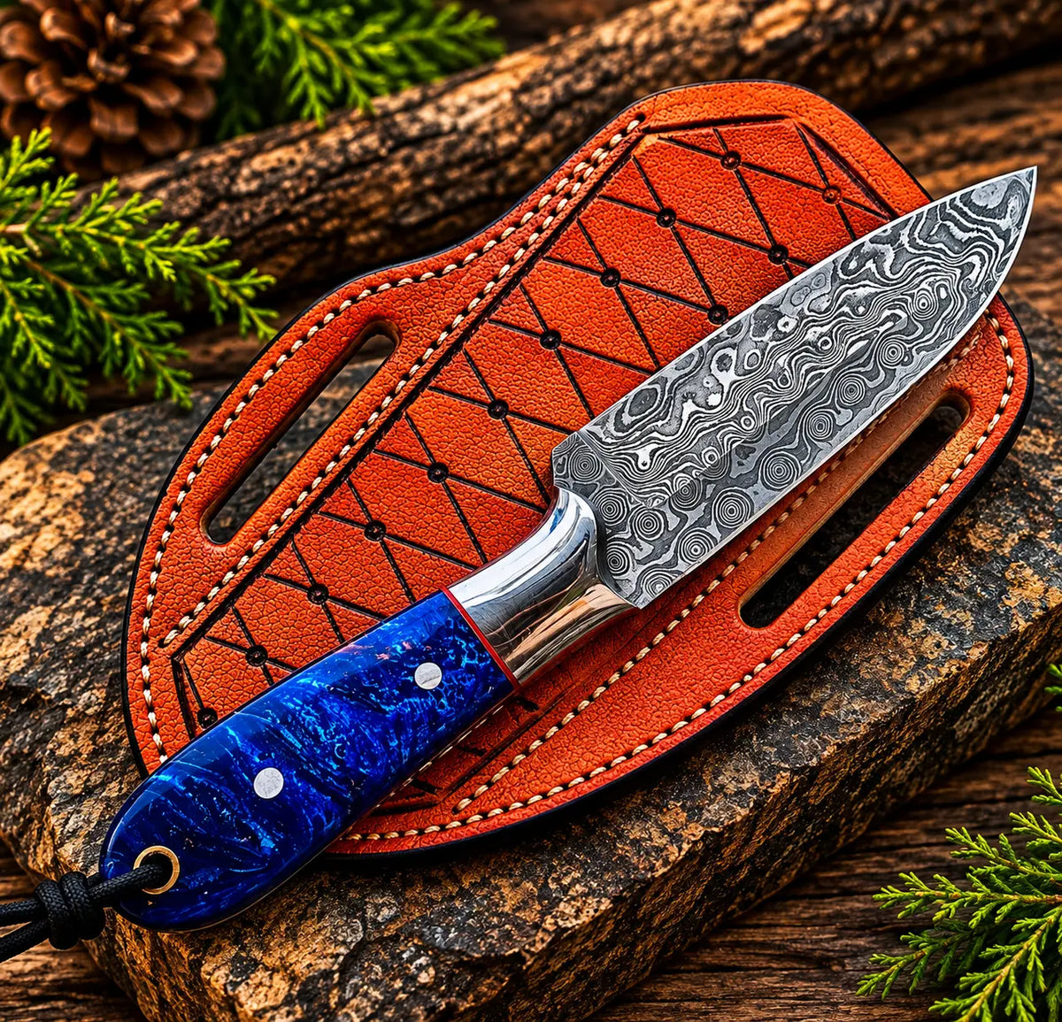 Damascus steel skinner knife on wood background - side angle
