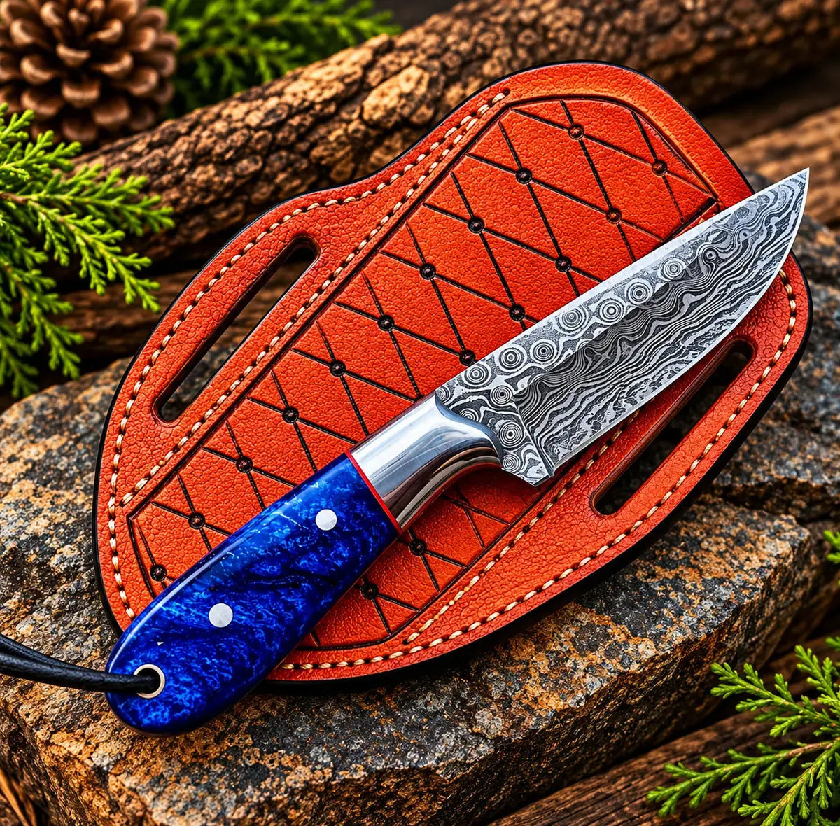 Blue resin handle skinner knife with leather sheath - full length view