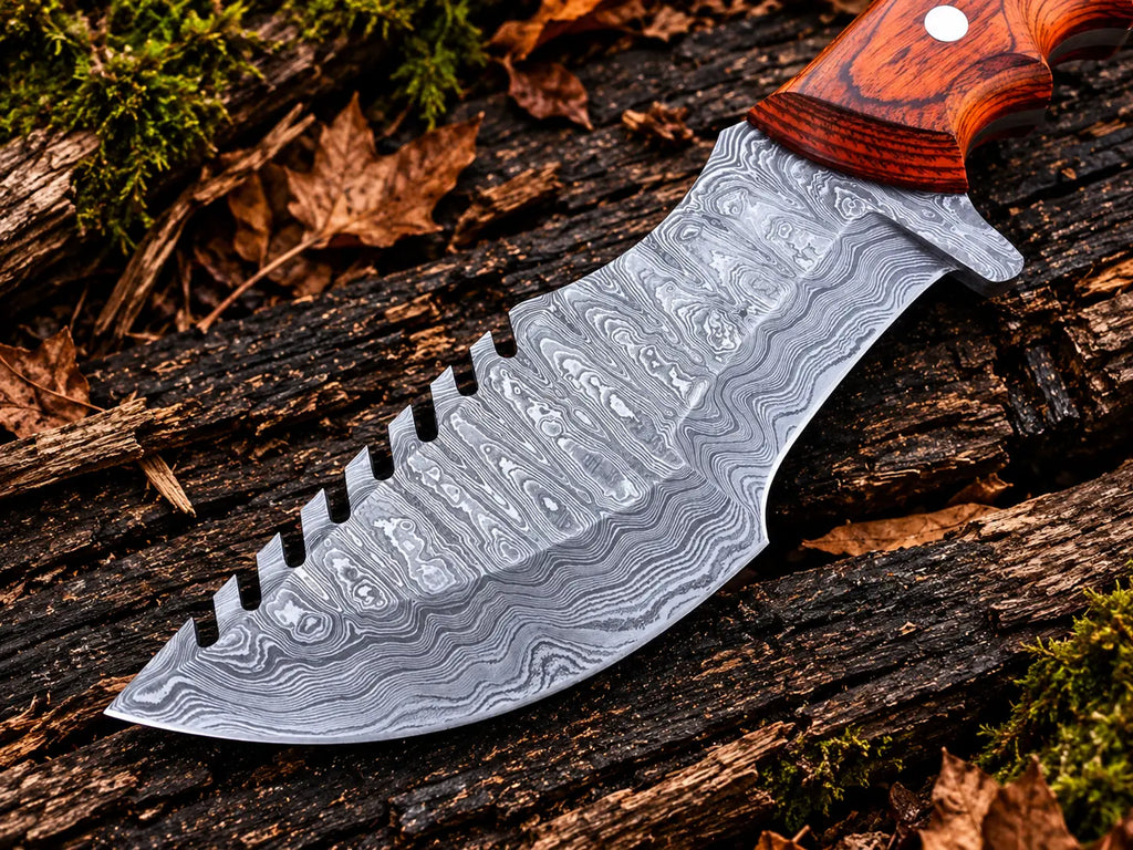 Pakka wood handle tracker knife with silver pins - angle 3