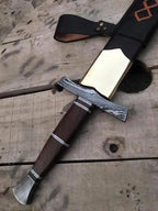 Wire-wrapped handle detail on Damascus Viking sword