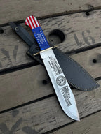 Handmade D2 steel Donald Trump Bowie knife with American flag handle, etched 45th President blade, brass guard and black leather sheath - full view