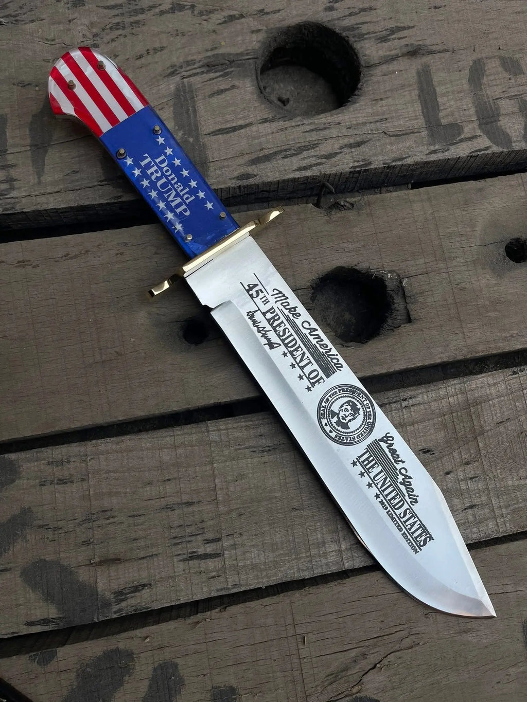 Etched D2 steel Bowie knife blade with Make America Great Again and 45th President text - angle 2