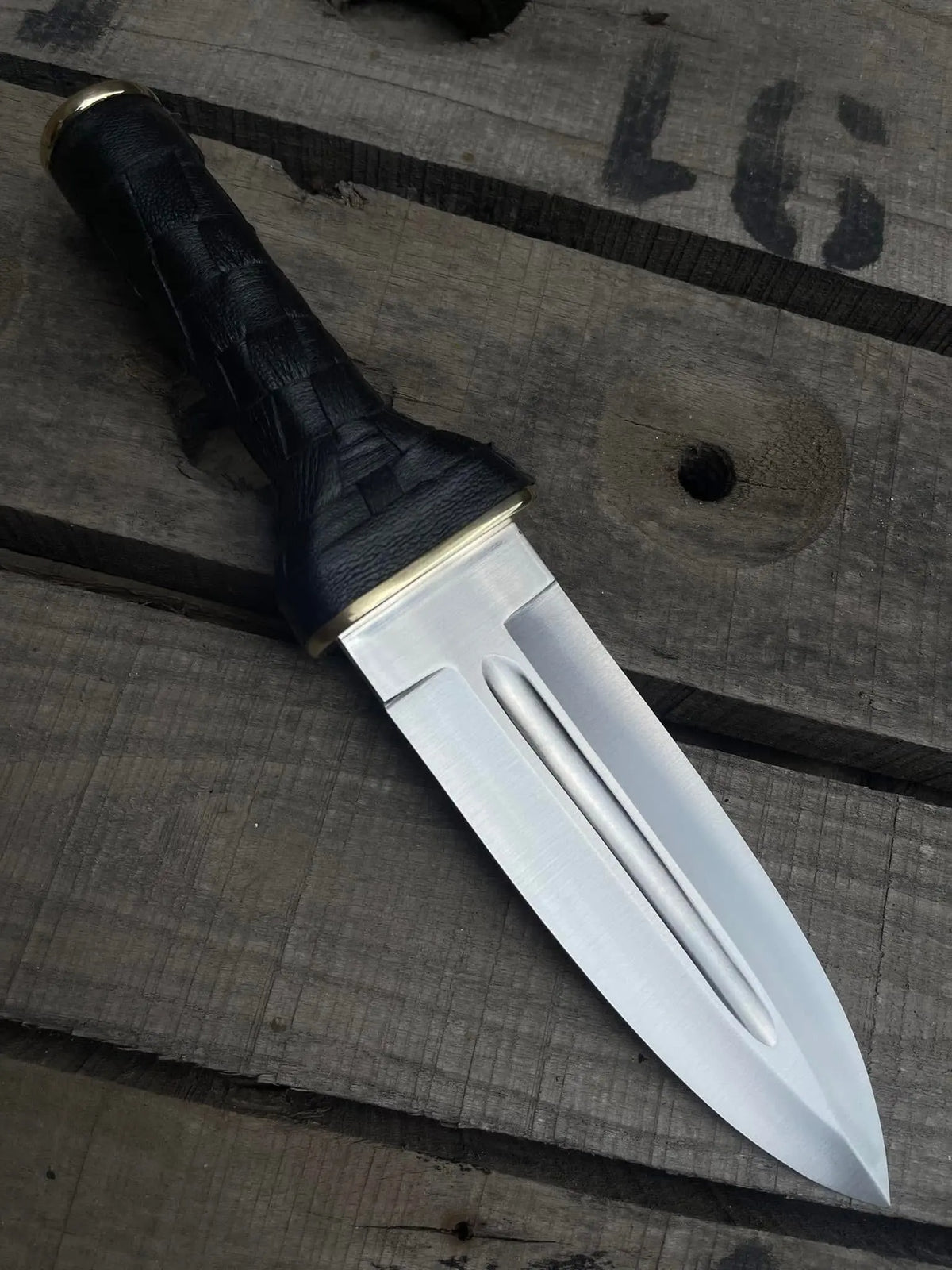Handmade double edge dagger knife with brass fittings and wrapped handle - full view