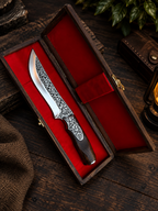 Handmade Ornate Damascus Steel Hunting Knife with Engraved Blade & Wooden Handle – Luxury Gift Box