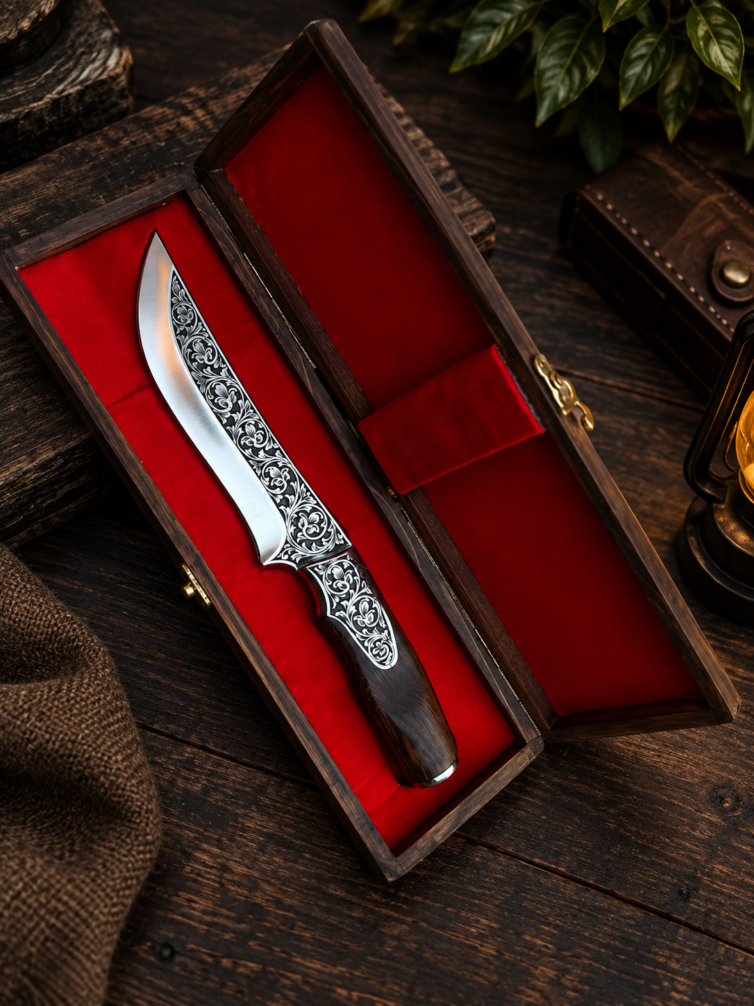 Handmade Ornate Damascus Steel Hunting Knife with Engraved Blade & Wooden Handle – Luxury Gift Box
