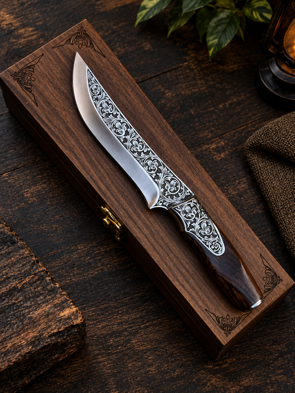 Handmade Ornate Damascus Steel Hunting Knife with Engraved Blade & Wooden Handle – Luxury Gift Box