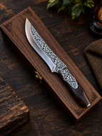 Handmade Ornate Damascus Steel Hunting Knife with Engraved Blade & Wooden Handle – Luxury Gift Box
