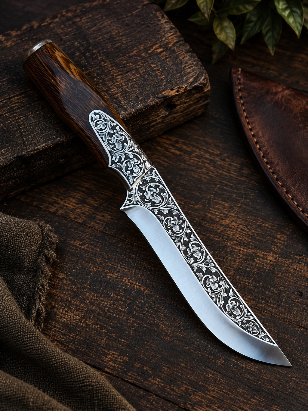 Handmade Ornate Damascus Steel Hunting Knife with Engraved Blade & Wooden Handle – Luxury Gift Box