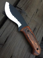 Hardwood handle detail on hammered black hunting knife