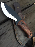 Hammered black hunting knife with genuine leather sheath