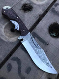 Hand engraved Bowie skinner knife with carved wood handle - full view