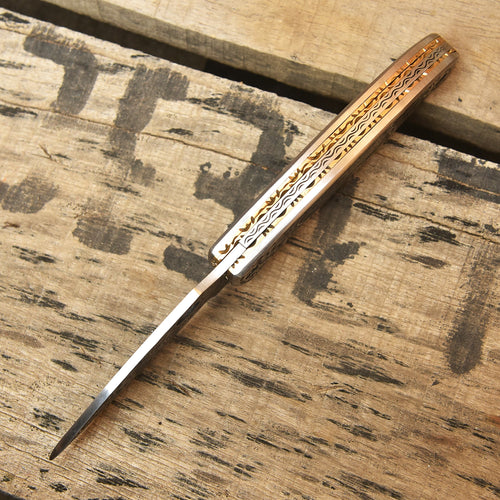 Hand engraved Damascus folding pocket knife, custom EDC knife