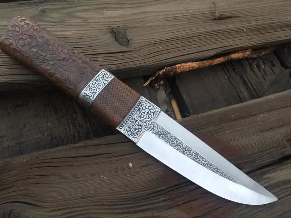 Handmade hand engraved fixed blade knife with carved wood handle - full view