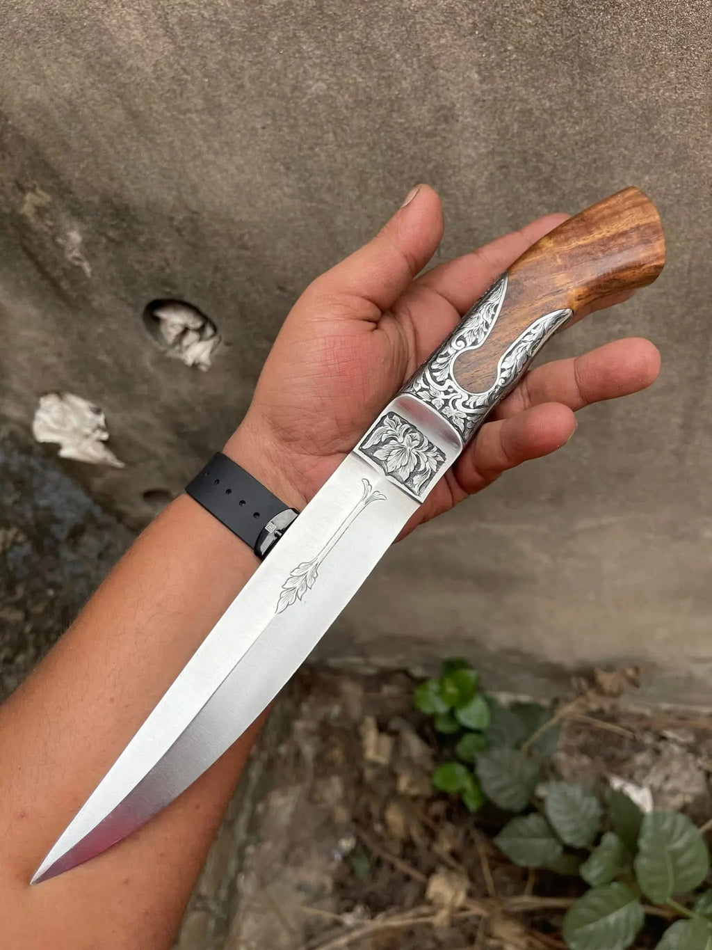Handmade hand engraved fixed blade knife with wood handle and silver bolster - full view
