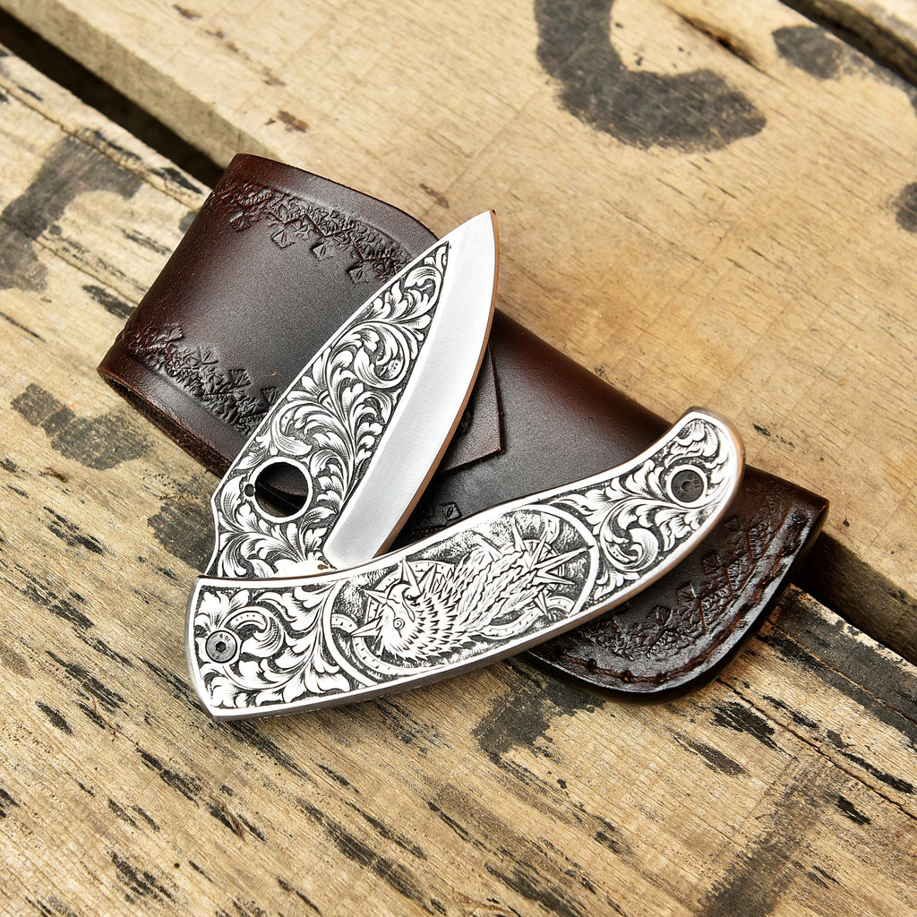 Hand engraved Damascus folding knife, custom gift
