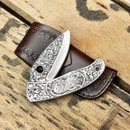 Hand engraved Damascus folding knife, custom gift