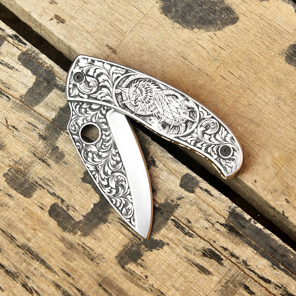 Hand engraved knife handle custom detail