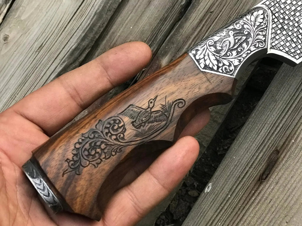 Carved wood handle and engraved silver bolster detail on skinner knife