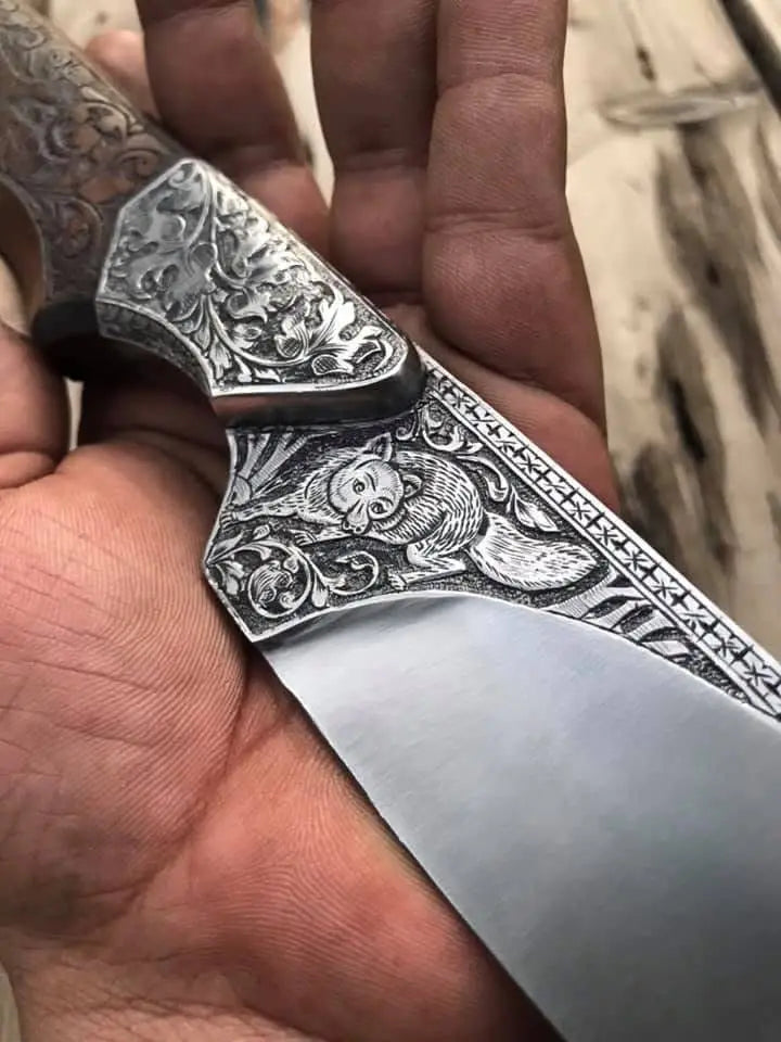 Engraved silver bolster detail on hand engraved skinner knife