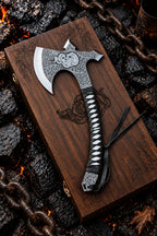 Hand engraved skull and snake tomahawk axe with wooden gift box - angle 2