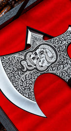 Hand engraved skull and snake tomahawk axe with wooden gift box - angle 6