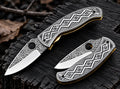 Handmade hand engraved steel folding knife with liner lock and brass liners - full view