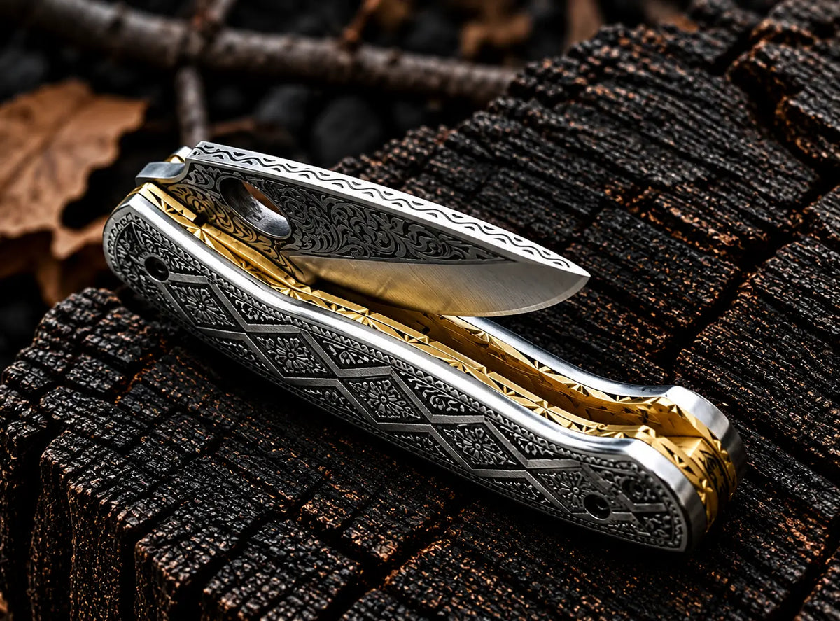 Hand engraved folding knife handle and blade engraving detail