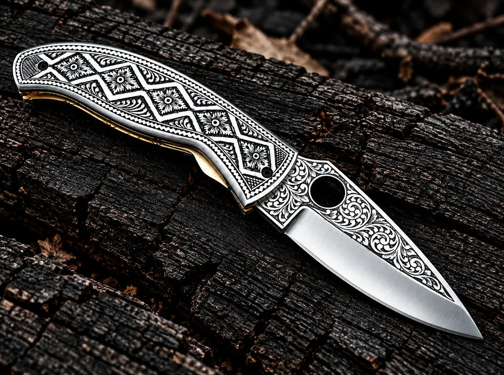 Hand-engraved floral scrollwork blade close-up on folding knife