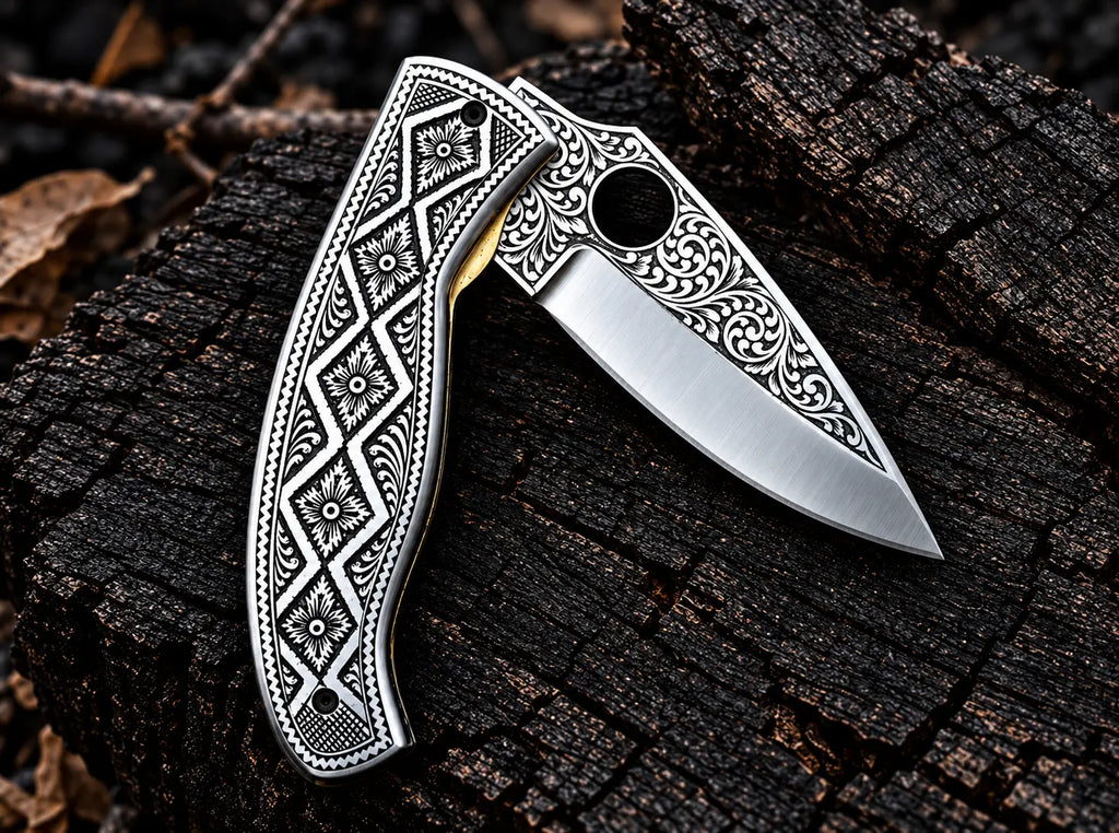 Brass liner and liner lock detail on hand engraved folding knife