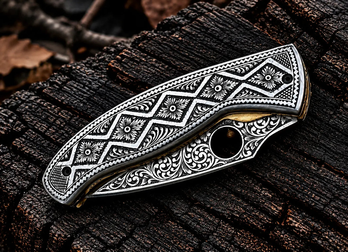 Hand engraved folding knife open and closed side by side