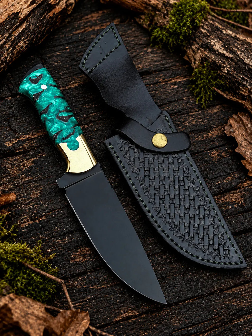 Handmade black powder coated D2 steel skinner knife with green pinecone resin handle, brass bolsters and black Italian leather basket weave sheath