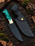 Handmade black powder coated D2 steel skinner knife with green pinecone resin handle, brass bolsters and black Italian leather basket weave sheath