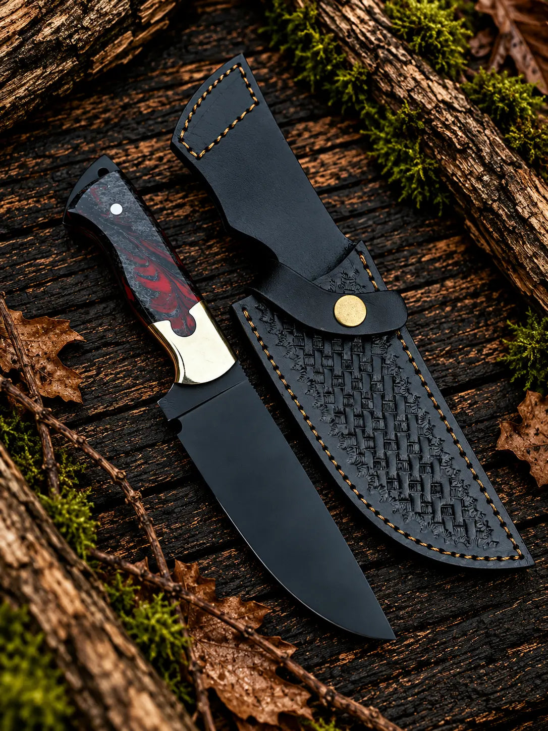 Handmade black D2 steel skinner knife with powder coat blade, red and black resin handle, brass bolsters and black Italian leather basket-weave sheath