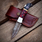 Handmade Damascus steel folding pocket knife with leather sheath