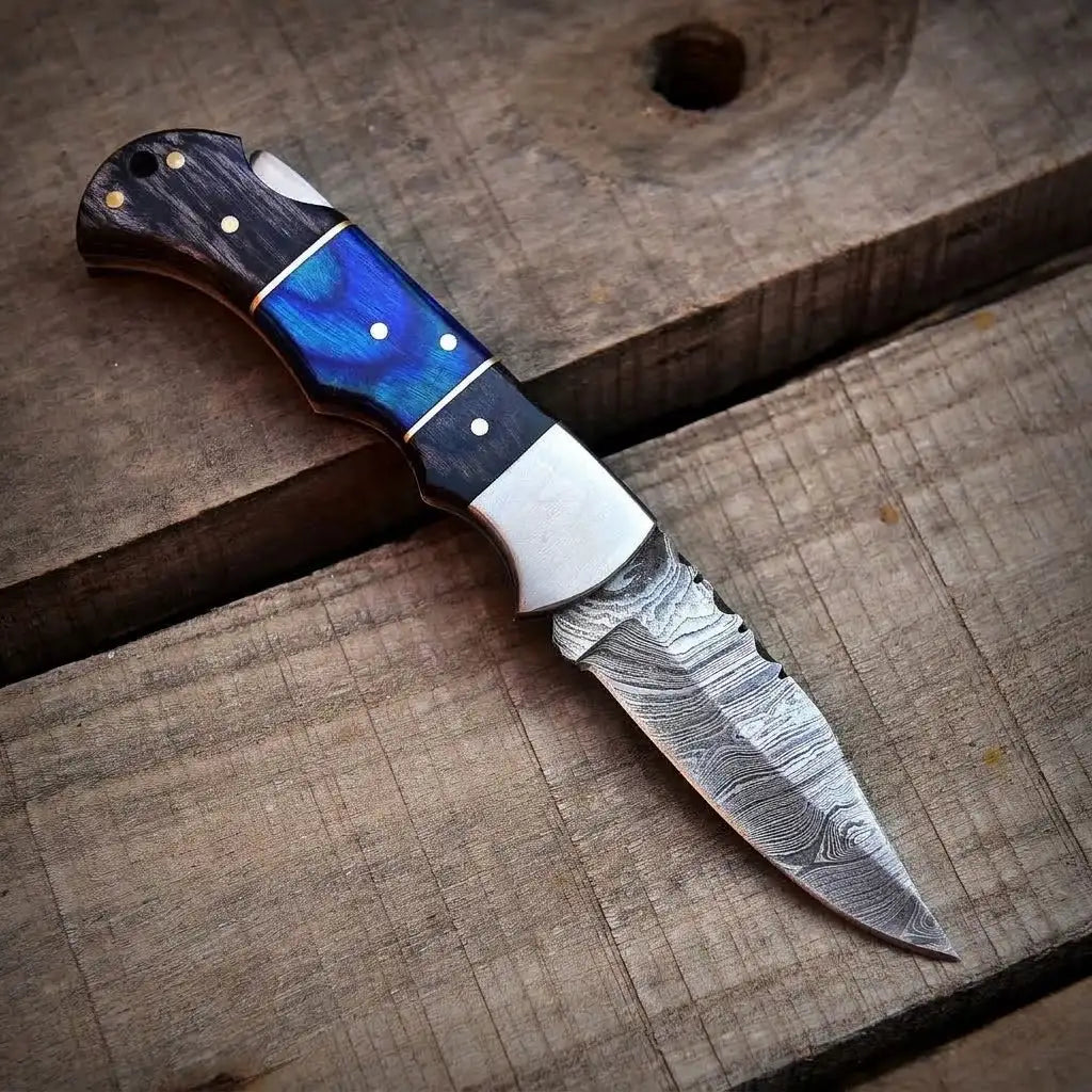 Handmade Damascus Steel Folding Pocket Knife – Blue Wood Handle