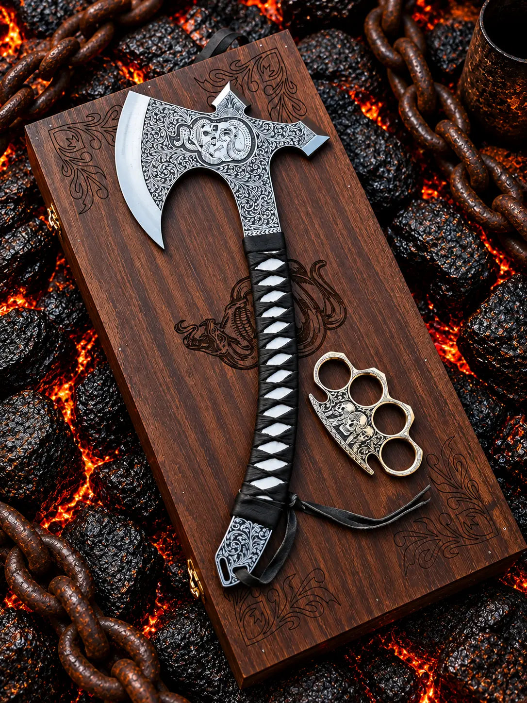Handmade hand engraved tomahawk axe with skull and snake design, black leather wrapped handle and engraved wooden gift box