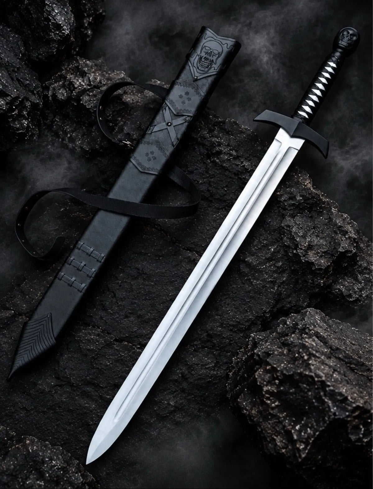 Handmade skull sword with carbon steel blade, black powder-coated brass guard, skull head pommel, leather-wrapped grip and hand-tooled leather scabbard