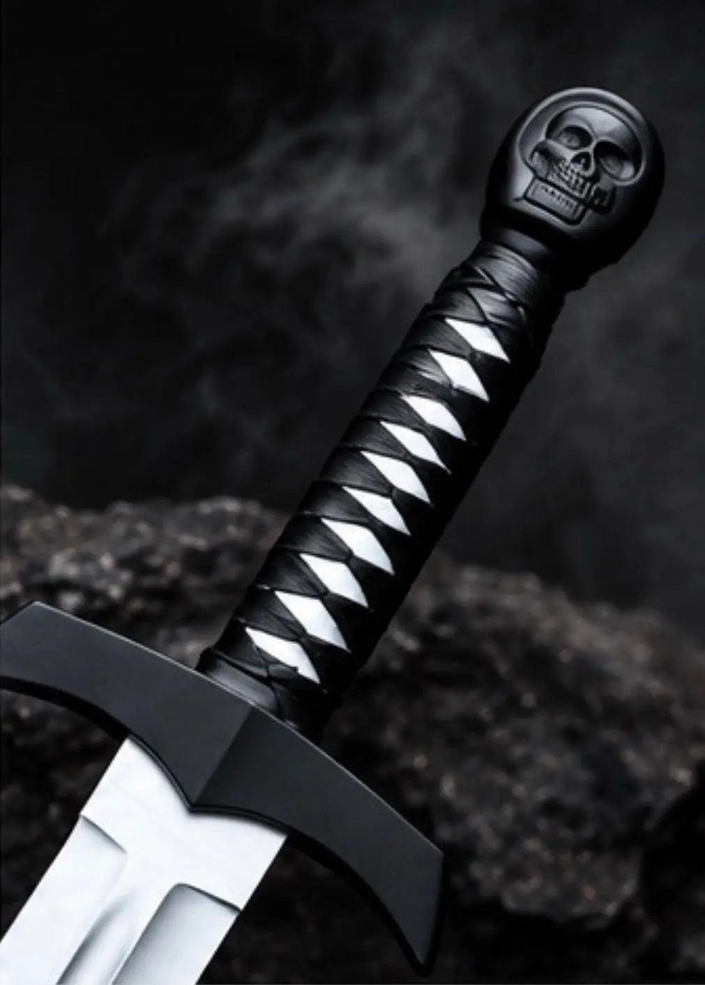 Handmade skull sword with leather scabbard, carbon steel blade and skull pommel - angle 2
