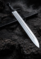 Handmade skull sword with leather scabbard, carbon steel blade and skull pommel - angle 4