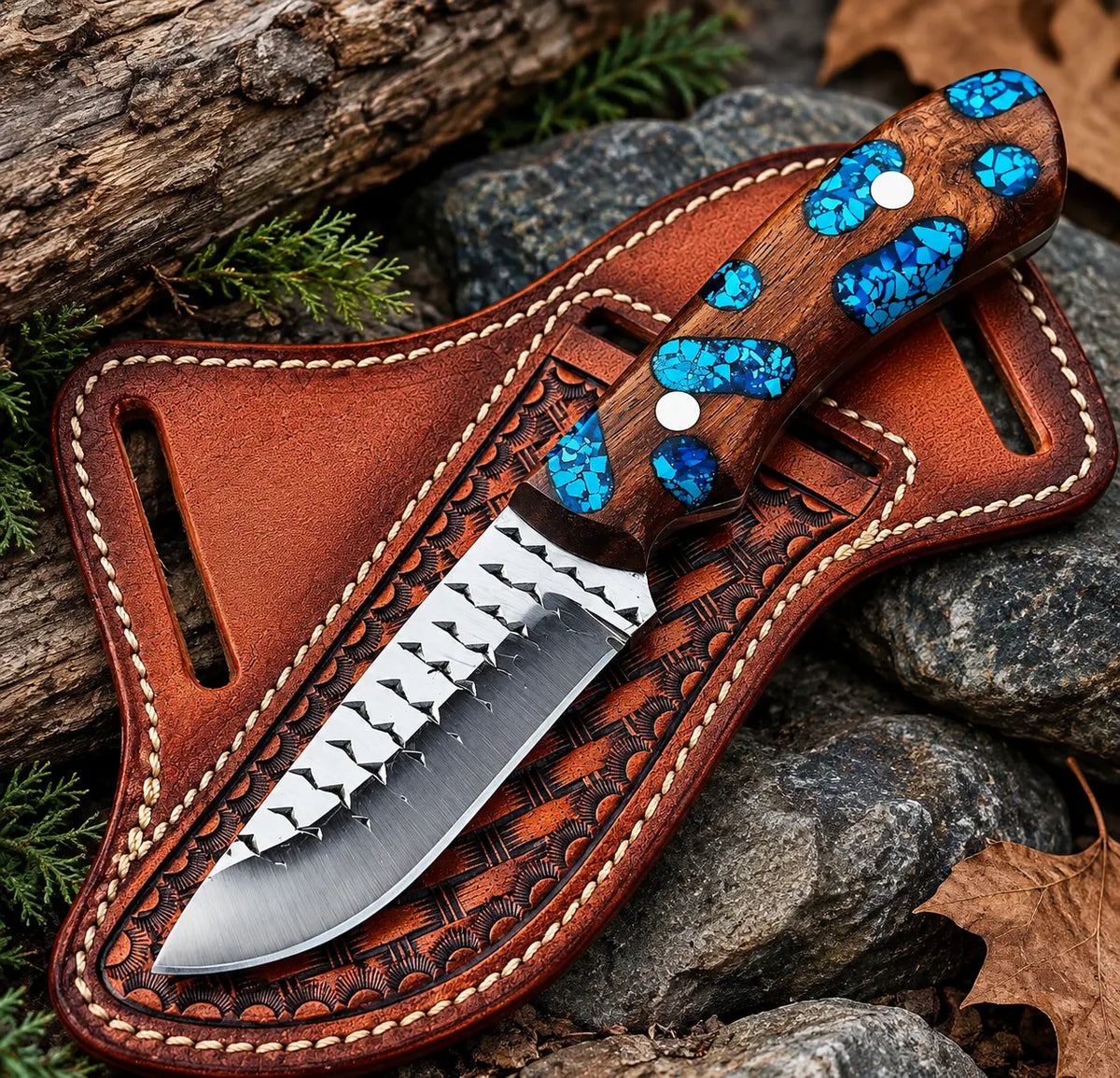 Handmade skinner knife with turquoise stone cluster handle and tooled leather sheath - full view