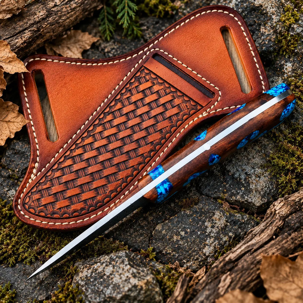 Turquoise stone cluster inlay handle detail on skinner knife