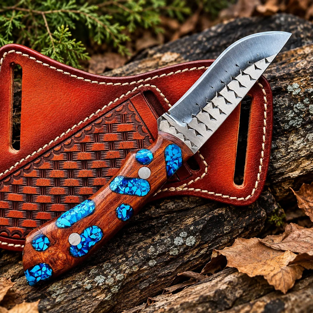 Hand-tooled basketweave leather sheath for turquoise handle skinner knife