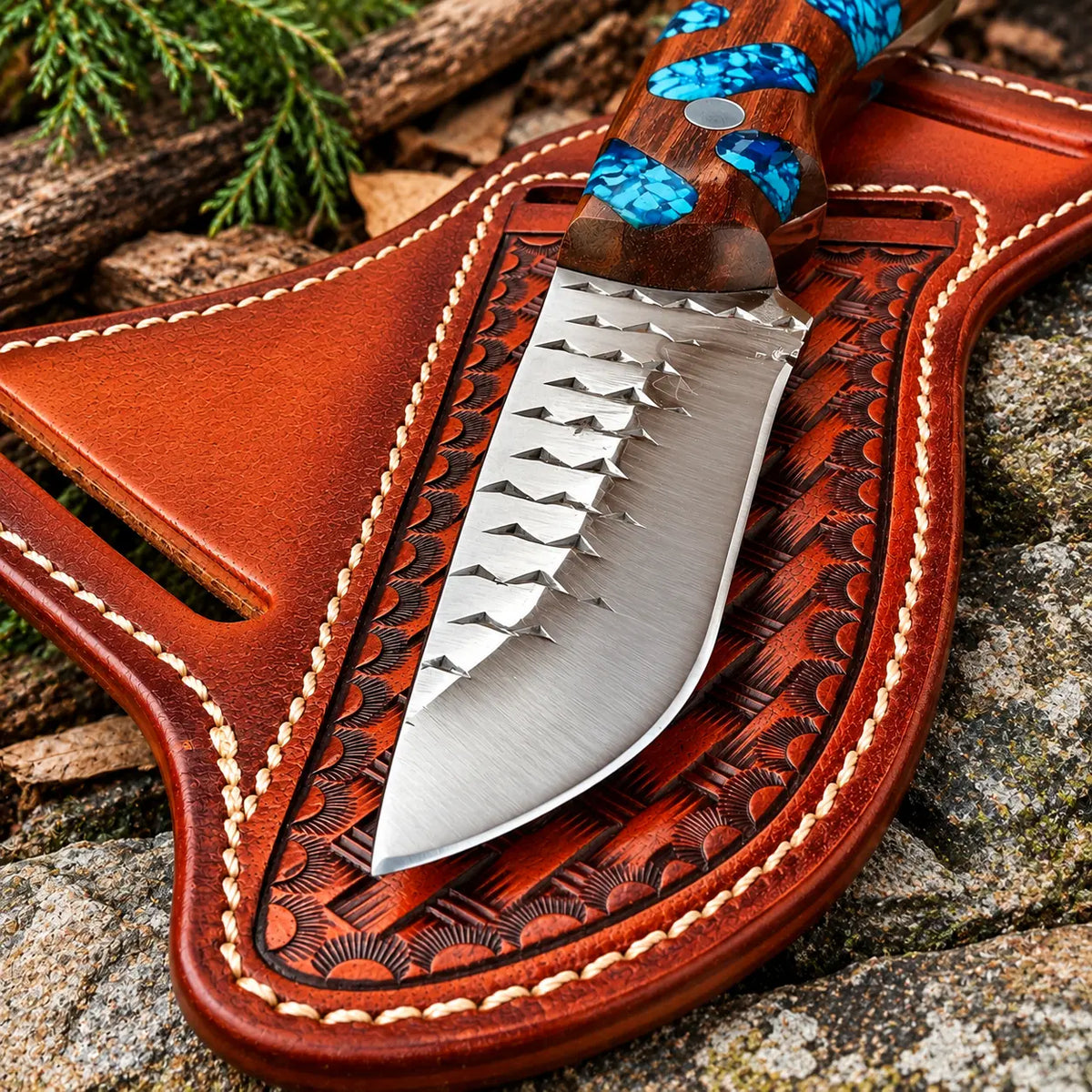 File-worked spine detail on mirror polished skinner knife blade
