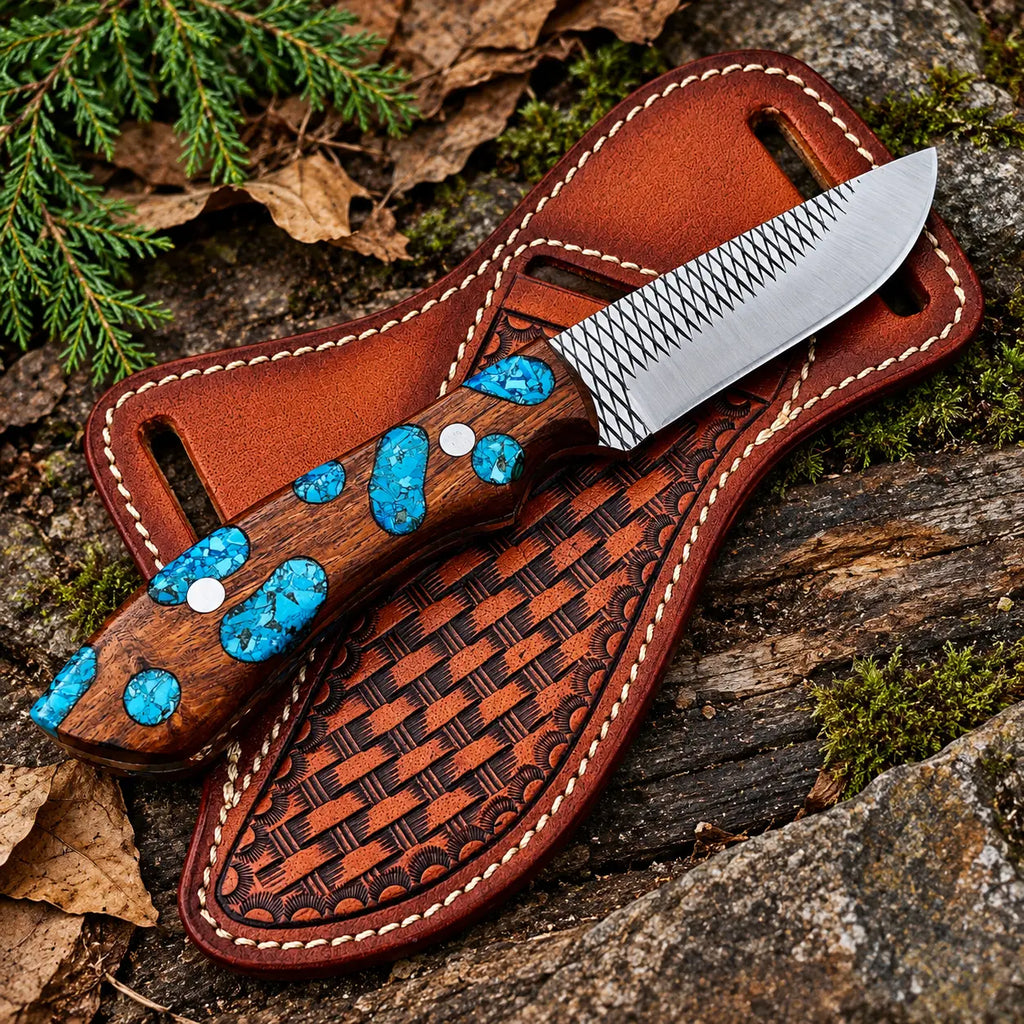 Turquoise stone cluster skinner knife on rock background - side angle