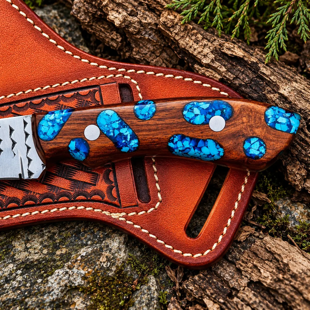 Turquoise handle skinner knife with tooled leather sheath - full length view