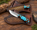 Handmade skinner knife with turquoise inlay handle and tooled leather sheath - full view