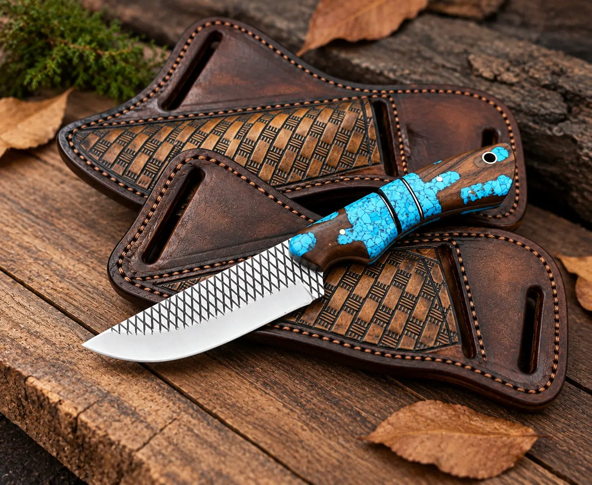 Mirror polished drop point blade close-up on turquoise inlay skinner knife