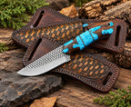 Crushed turquoise stone inlay handle detail on skinner knife