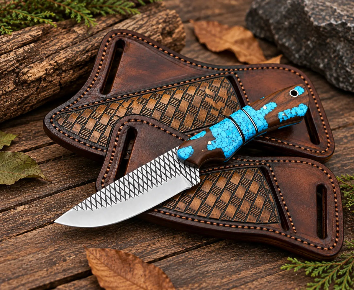 Hand-tooled basketweave leather sheath for turquoise inlay skinner knife